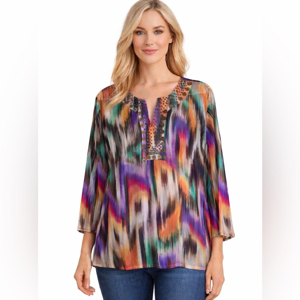 Chico’s Size 3 Multi Color Sheer Artsy Blouse 3/4 Sleeve Chico's Size XL